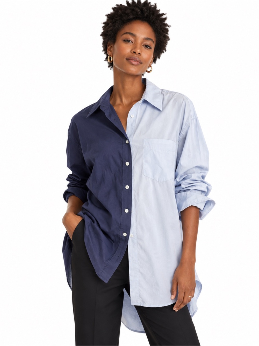 Maeve Anthropologie Navy Blue Colorblock Oversized Button Down Shirt XS